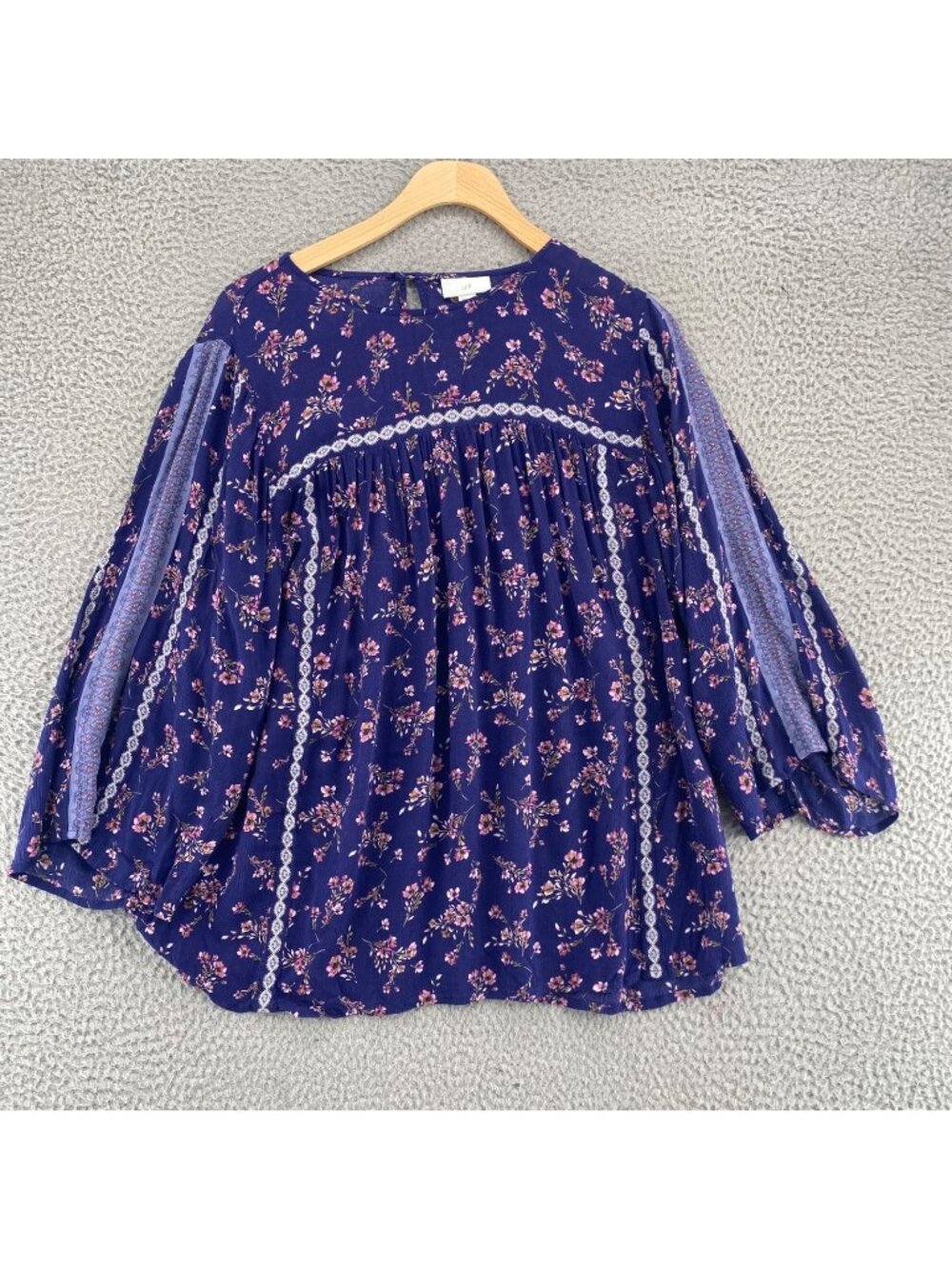 J Jill Top Womens Medium Indigo Pink Floral Fair Isle 3/4 Sleeve Tunic Stretch